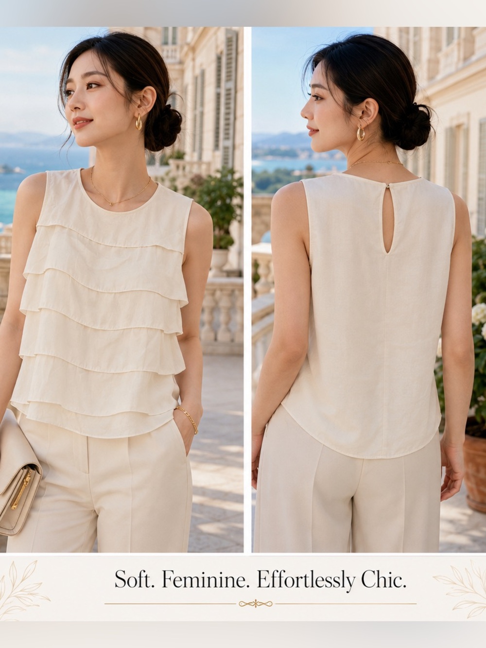Zara Ivory Tiered Ruffle Sleeveless Top Size L